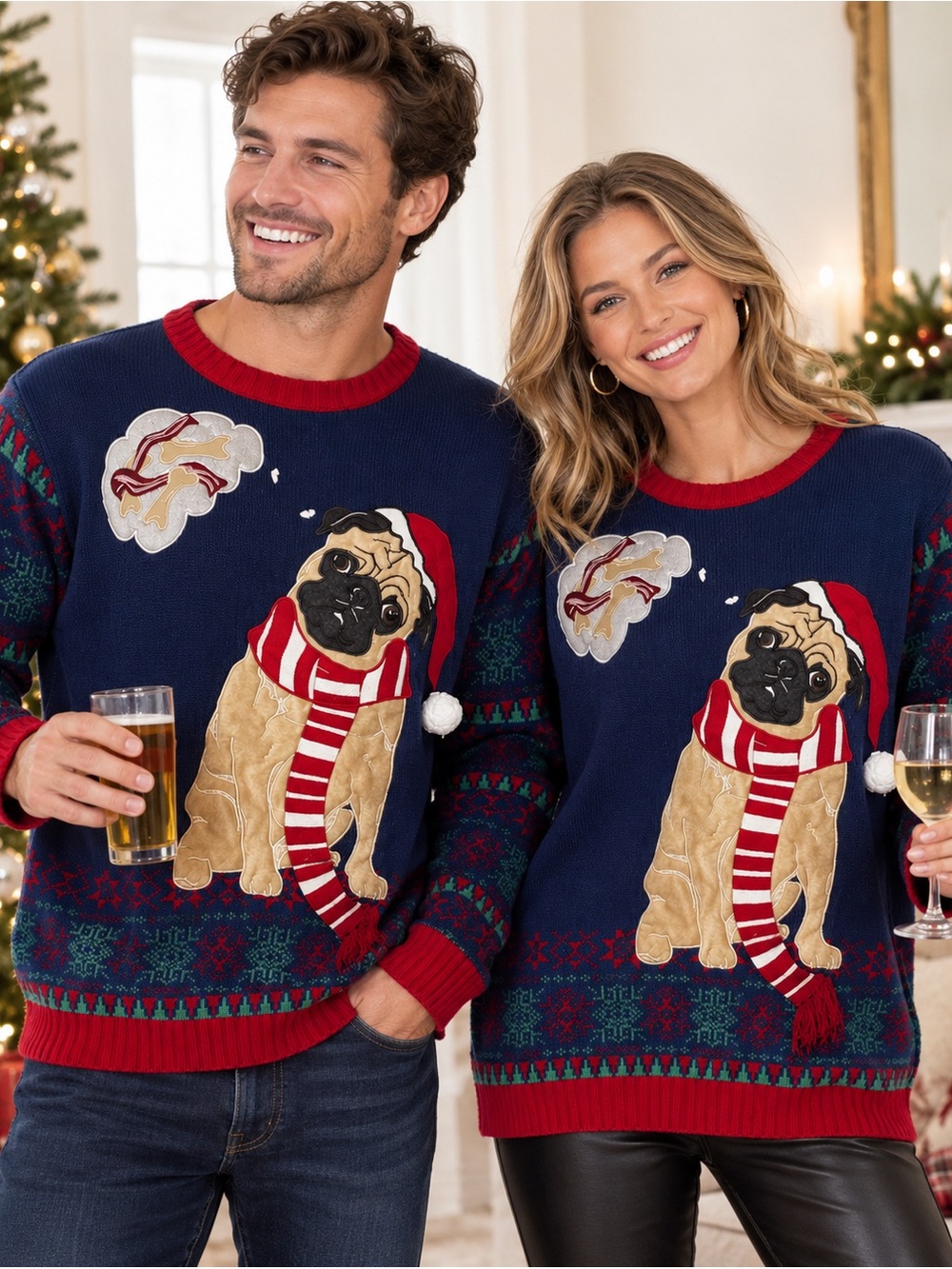 33 Degrees 3D Pug Dog Ugly Christmas Sweater XXL
